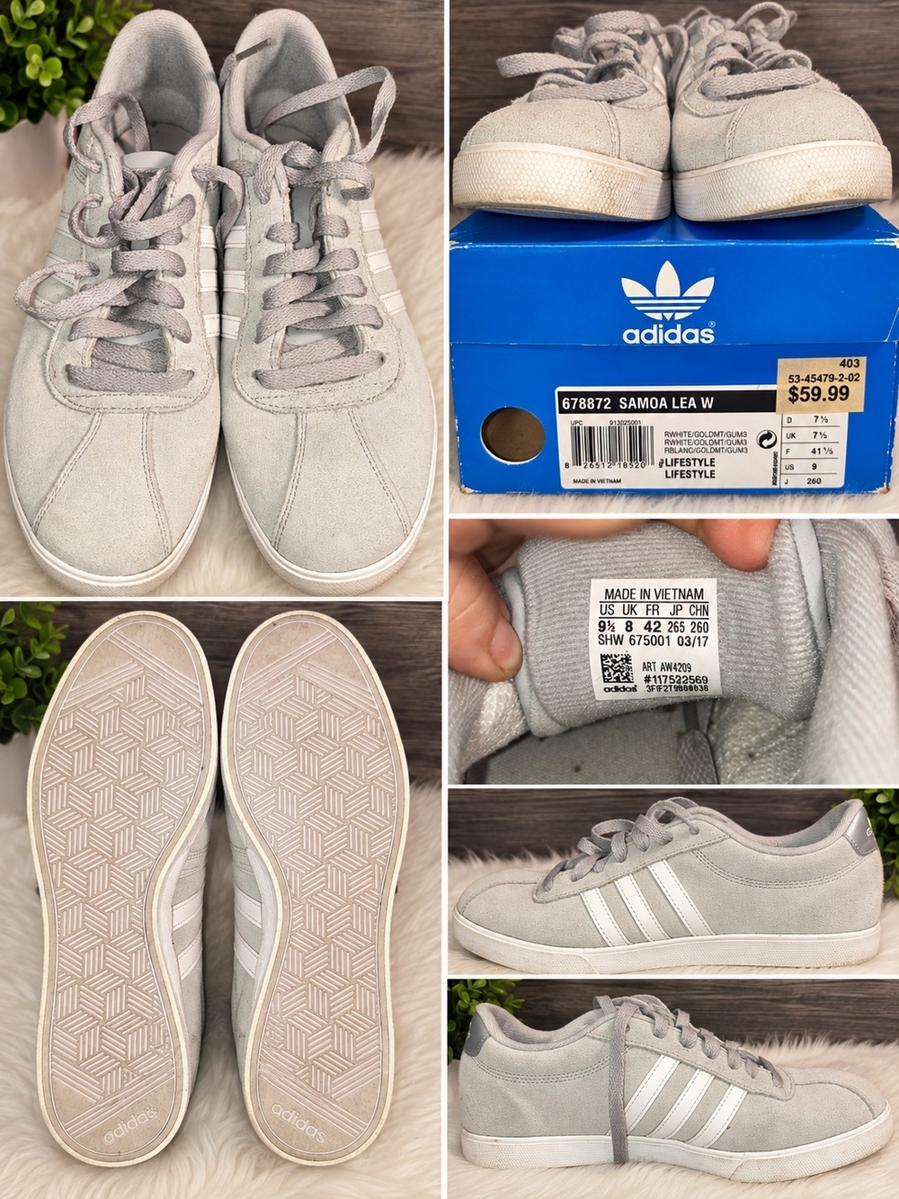 adidas Samoa Lea W Light Gray Suede Sneakers with White Stripes